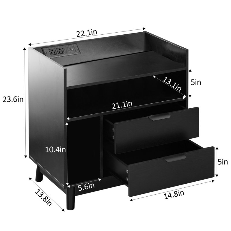 Mid Century Modern Nightstand With Charging Station And LED Lighting, 2 Drawers, Wooden Color, Black