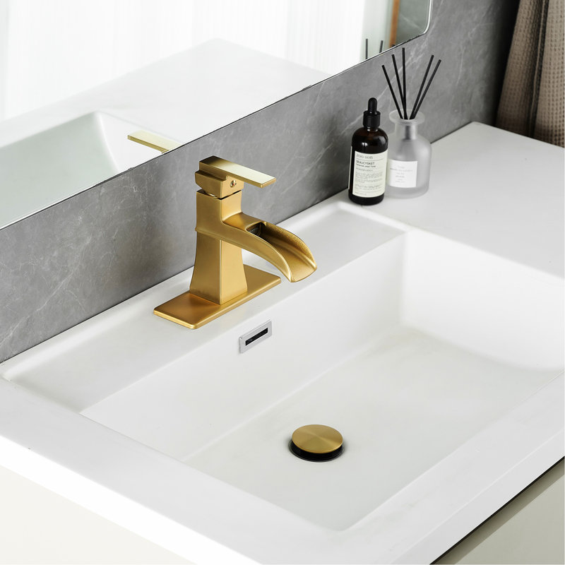 Robinet de salle de bain moderne avec plaque de cascade, or brossé, drain escamotable, conduites d'alimentation, commande à une poignée