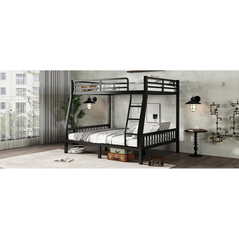 Metal Bunk Bed Full Xl Over Queen In Black - Safe And With Slats Wear-