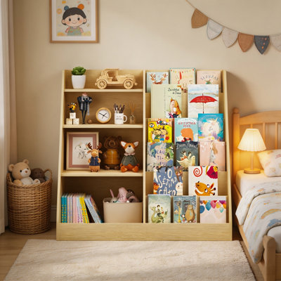 Organisateur de rangement à 4 niveaux pour bibliothèque et jouets pour enfants, présentoir de bibliothèque multifonctionnel en bois - Bibliothèque pour salle de jeux, chambre de bébé et chambre à coucher (naturel)