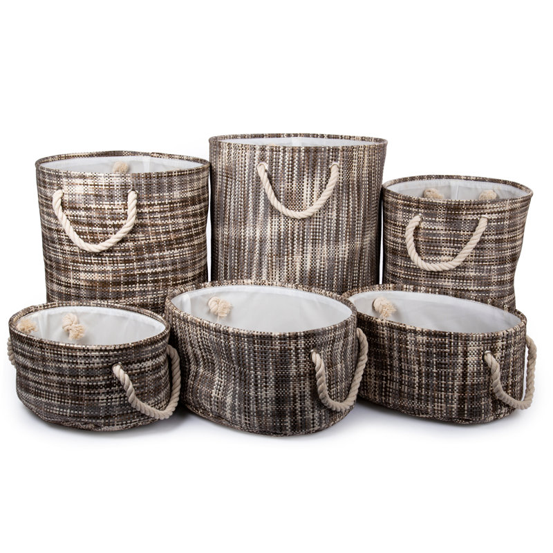 Ensemble de 6 paniers de rangement en tissu rond, Brun