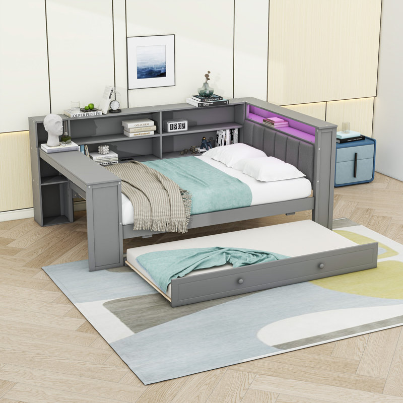 Daybed with LED Light, Built-In Storage, Desk, and Charging Station, Full, Gray