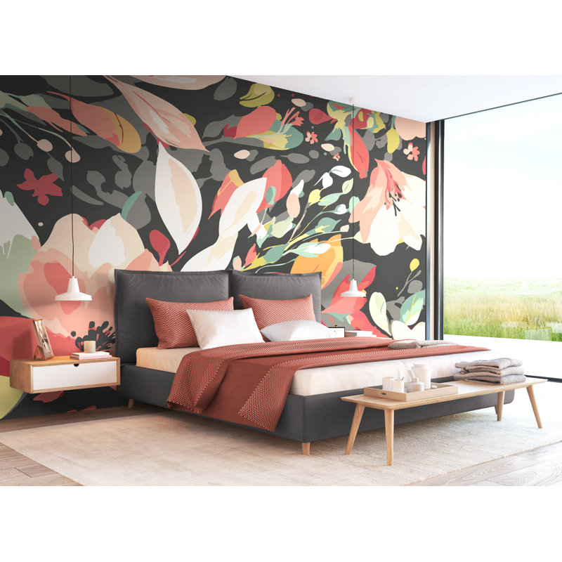 Lark Manor Flowing Flowers Matte Roll, 240cm L x 300cm W, Charcoal Black/Red