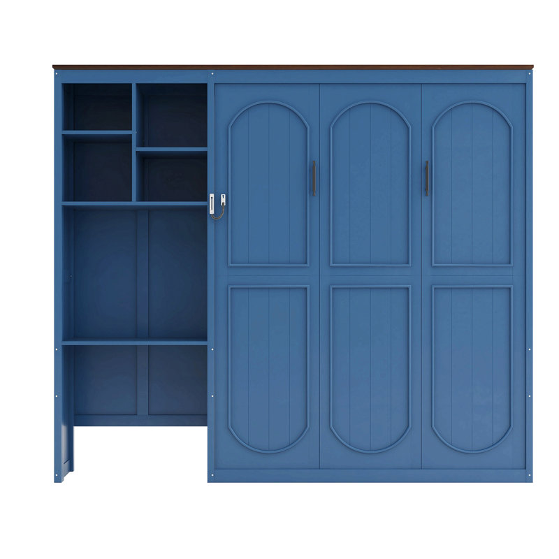 Grand lit escamotable avec bureau intégré et armoire de rangement multicouche, Bleu