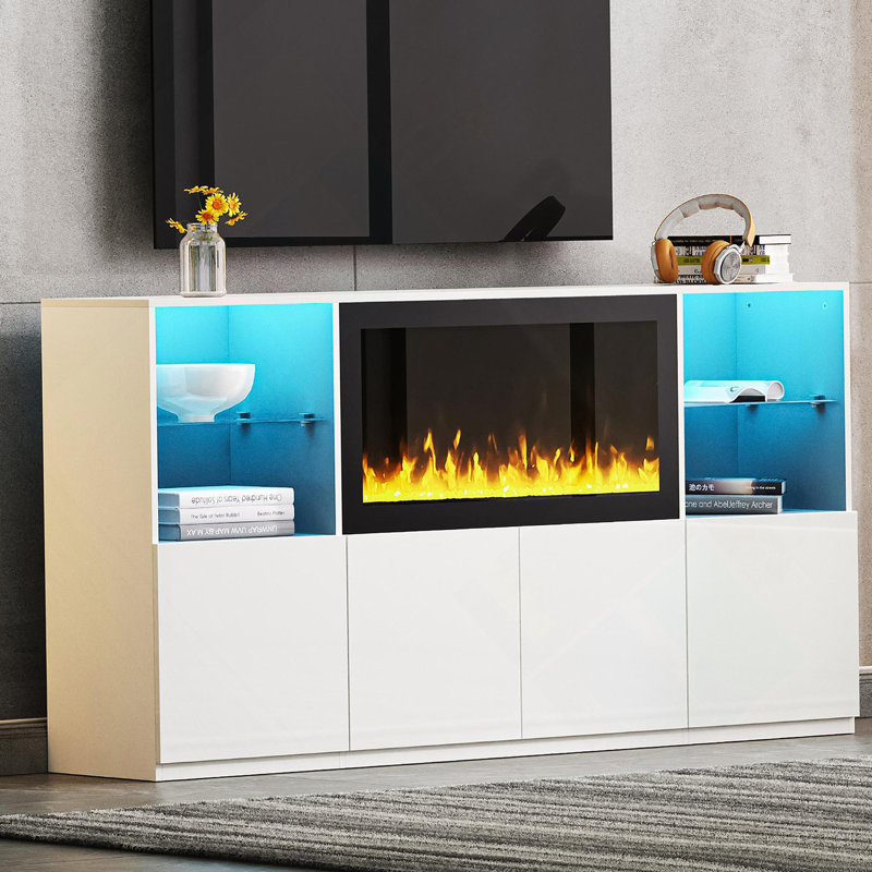 Meuble télé élégant et moderne avec foyer électrique non chauffant, offrant beaucoup de rangement et un éclairage intelligent pour une expérience de salon améliorée