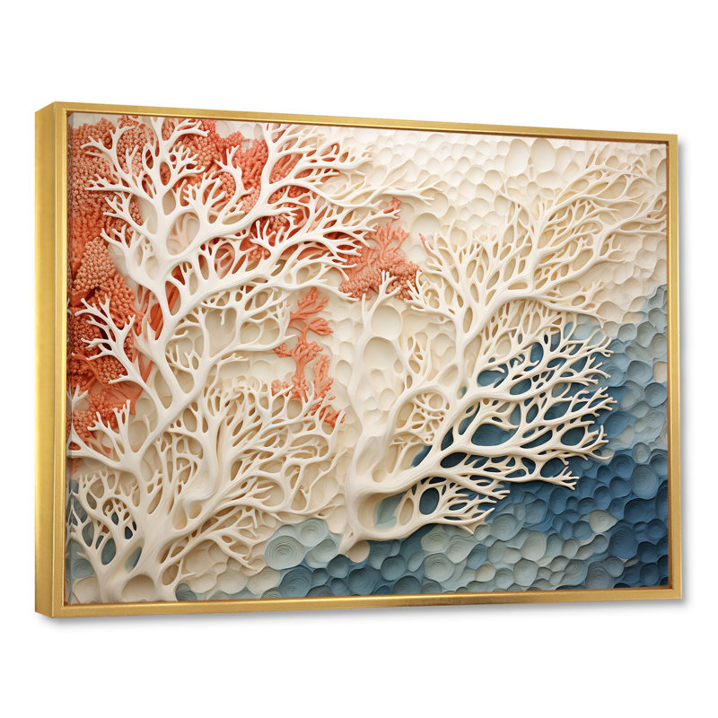 «Rose and White Coastal Coral Collage I» - art mural corail sous l'eau, H 12 po x l 20 po, Reproduction avec cadre flottant