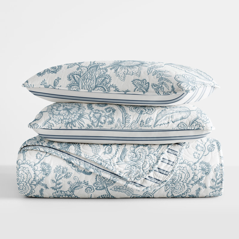 Becky Cameron Dusk Blue Floral Stripe Reversible Quilt Set, Twin Quilt + 1 Standard Sham