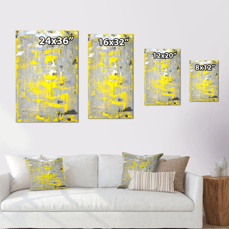 Jaune et gris fusionnant abstrait VI - œuvre d'art moderne et contemporaine sur toile, H 32 po x l 16 po x P 1 po