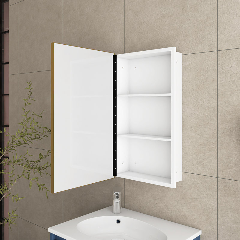 16 In. W X 28 In. H Wall-Mounted Or Recessed Gold Framed Storage Bathroom Medicine Cabinet With Mirror