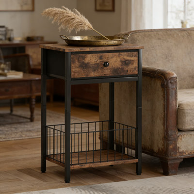 Industrial Nightstand With Fabric Drawer And Mesh Basket, 3-Tier Bedside Table With Sturdy Metal Frame For Small Spaces