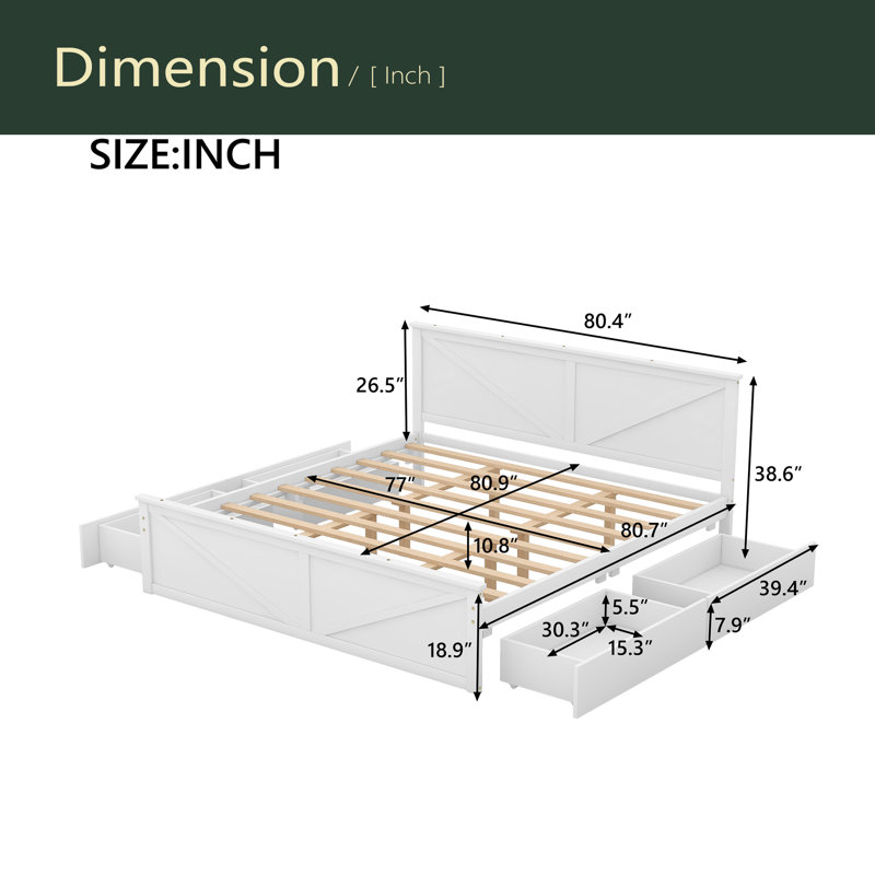 Lit plateforme en bois avec quatre tiroirs de rangement et pieds de soutien, Très grand lit, Blanc