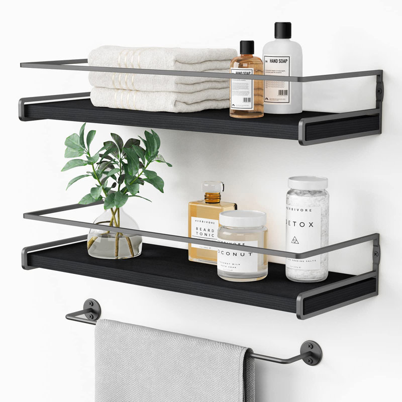 Tablettes flottantes noires et dorées pour le mur, étagères murales de salle de bain au-dessus de la toilette, étagères suspendues en bois fixées au mur pour le café de la cuisine (noir et doré)