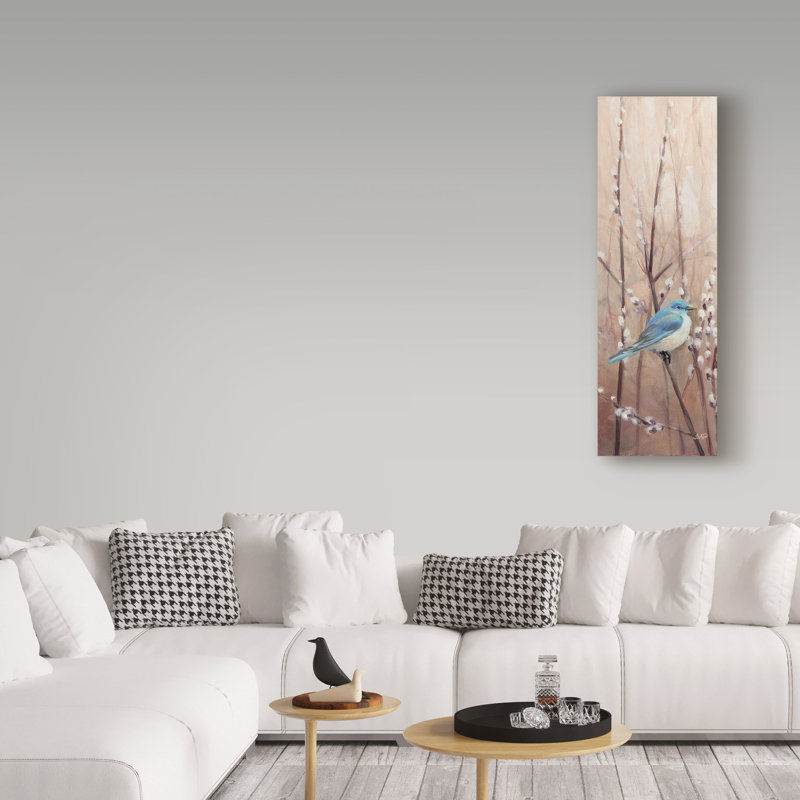 Blue Bird on Branch Framed Canvas Art, 10" x 32"