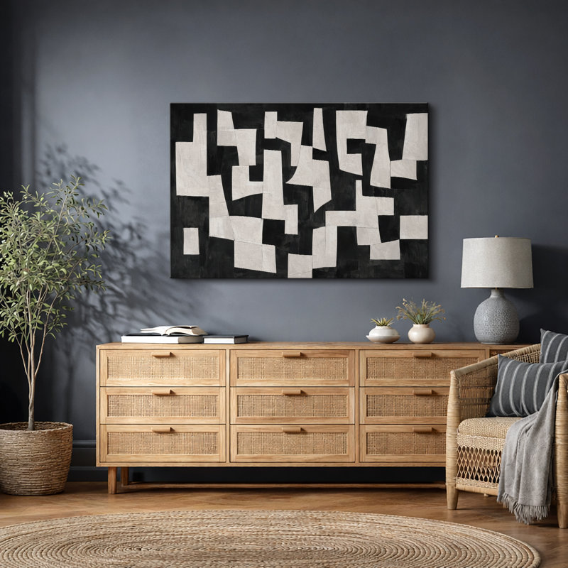 Abstrait noir et blanc, motif géométrique découpé, photos de salon moderne, impression sur toile encadrée, Toile tendue