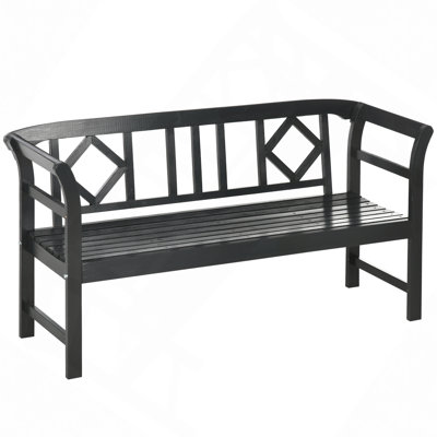 Wooden Outdoor/Patio Bench, Outdoor/Patio Garden Bench With Backrest And Armrests, 3 Person Porch Bench With Rustic Country Diamond Pattern by August Grove