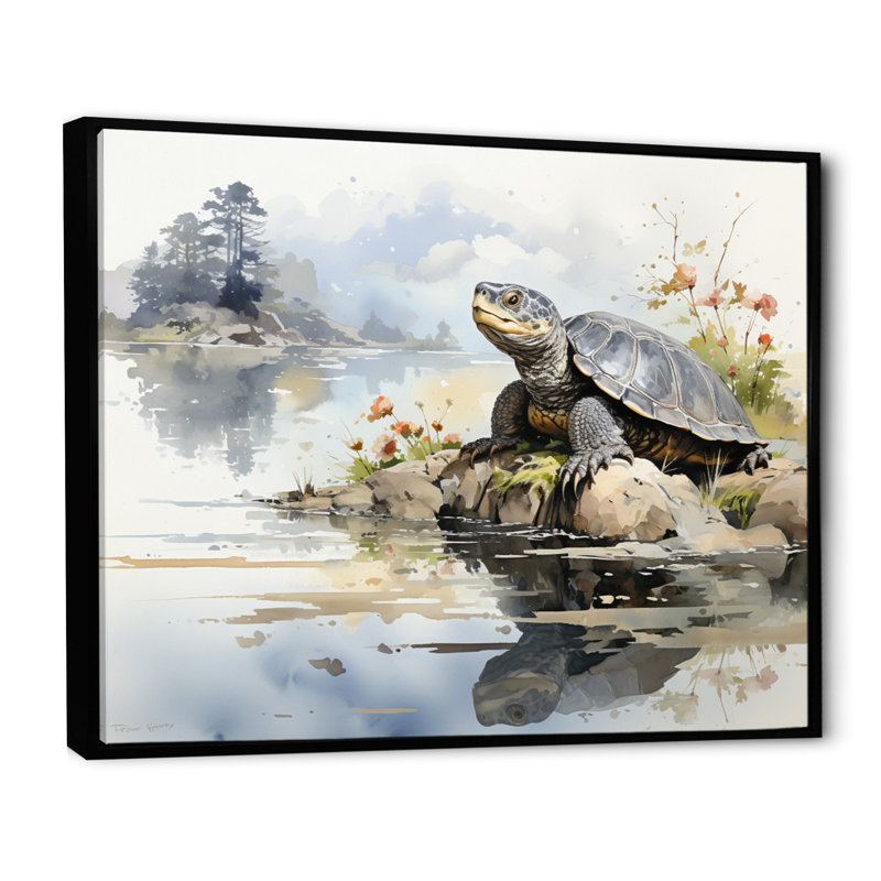 Art asiatique, tortue Sumi I - impression, H 24 po x l 32 po x P 1 po, Cadre flottant noir