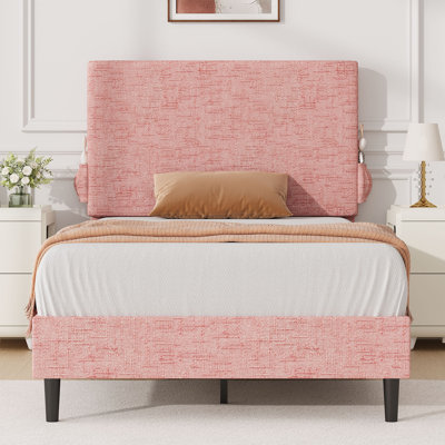 Chenille Fabric Platform Bed Bed Frame With Upholstered Headboard