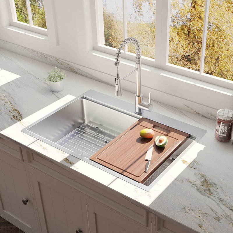 33'' L Single Bowl Stainless Steel Kitchen Sink, Stainless Steel, 18-Gauge