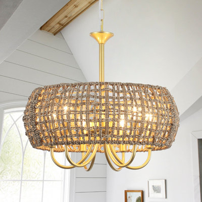 Luminaire suspendu cylindrique en rotin naturel 6 lumières