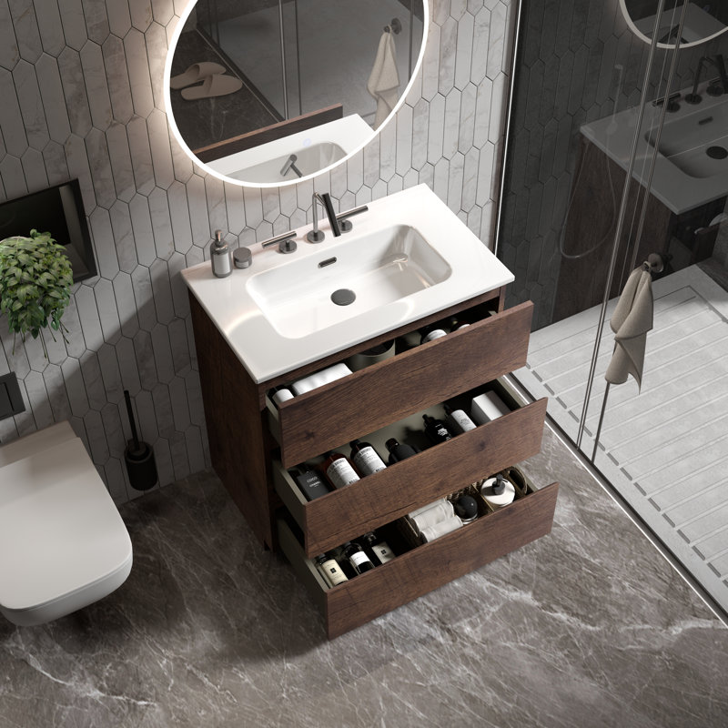 Derrance Single Bathroom Vanity with Ceramic Top, Brown, 30"