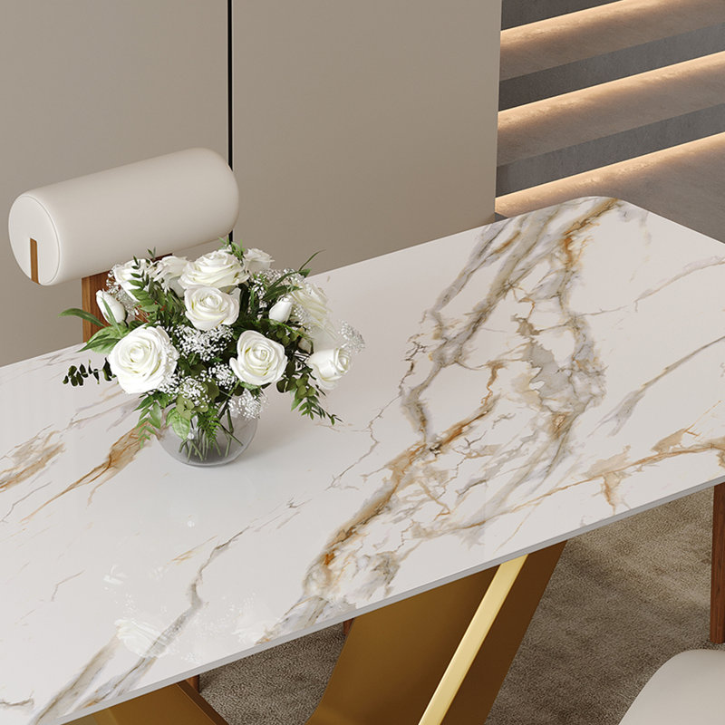 71'' Modern Rectangle Dining Table, Marble Kitchen Table with Gold Stainless Steel Base