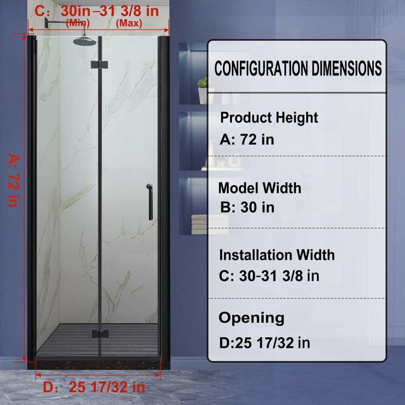Matte Black Frameless Bifold Glass Shower Door 30" x 72"