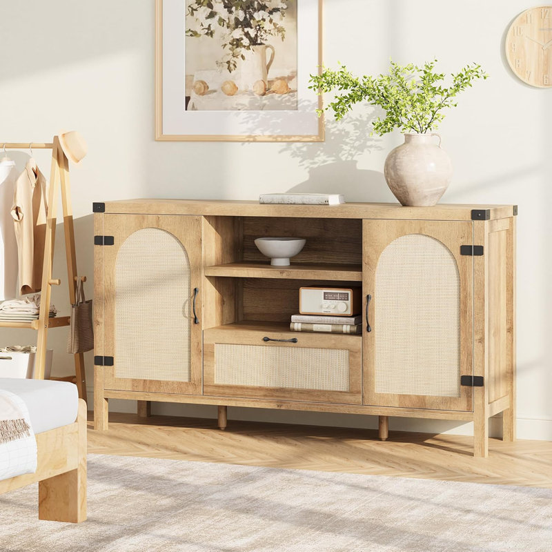 Rattan Sideboard Buffet Cabinet with Storage, Farmhouse Kitchen Buffet Cabinet with Drawer, Natural