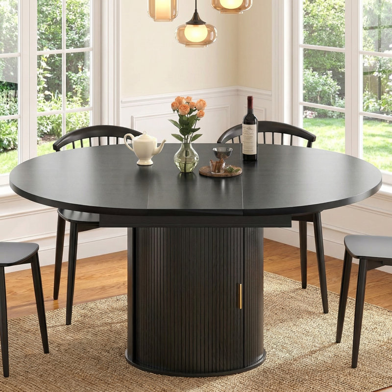 47-63" Extendable Round Dining Table for 4-8 People, Mid-Century Modern Kitchen Table with Storage Cabinet, Black