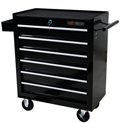 6 Drawer Rolling Tool Storage With Lock, Powder Coated Steel For Repair Shop - Black Heavy Duty Chest Drawers And Lock