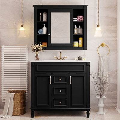 Meuble-lavabo de salle de bain avec lavabo supérieur, armoire à miroir, armoire de rangement moderne avec 2 portes à fermeture douce et 2 tiroirs, meuble-lavabo simple