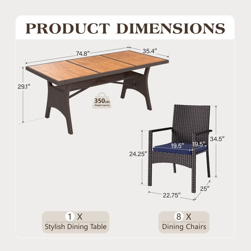 Ensemble repas pour 8 personnes avec table rectangulaire en osier et coussins inclus, Bleu, 8