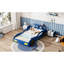 Lit plateforme simple Blue Race Car pour adolescents, en bois avec roues, confortable et fonctionnel, rangement à la tête, lit jaune à assemblage rapide, conception esthétique des roues, rails,