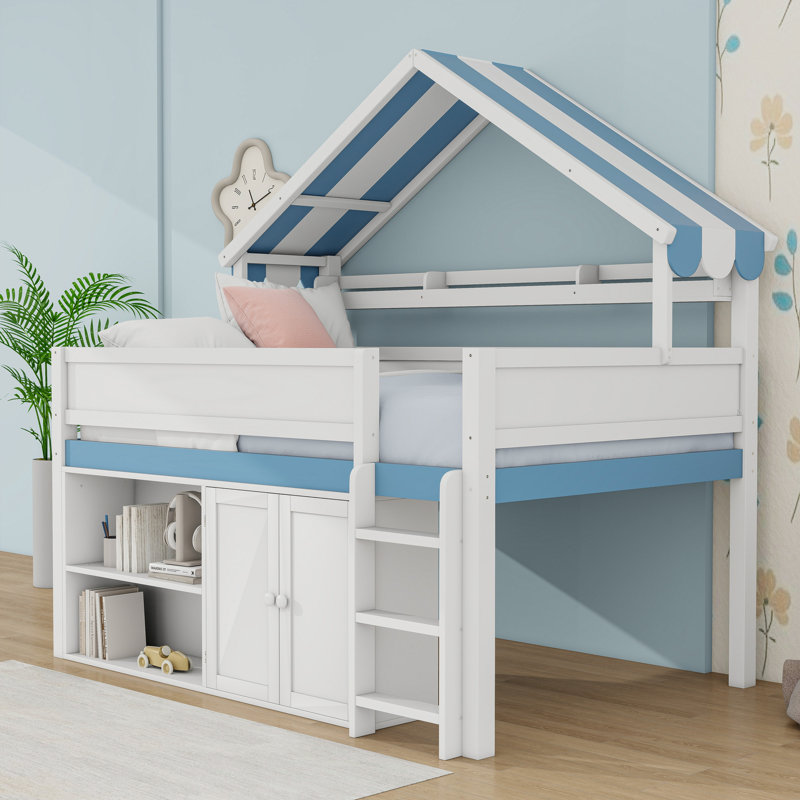 Lit mezzanine avec toit à baldaquin, armoire de rangement intégrée et tablettes, Blanc / bleu