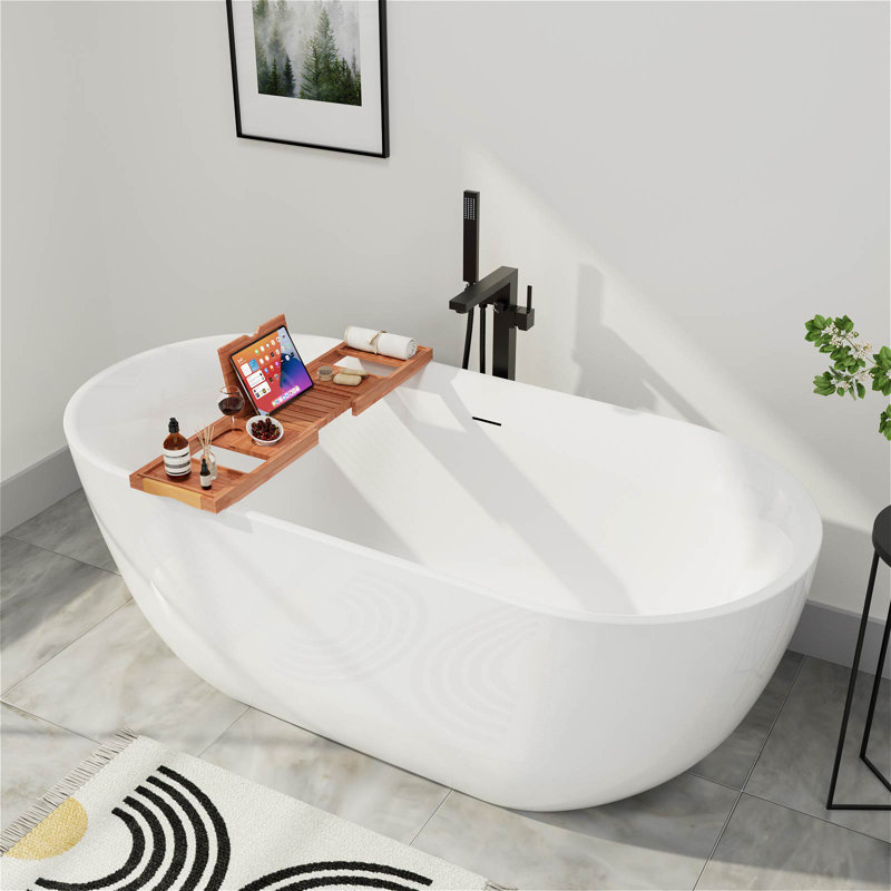 67"L X 31''W Double-End Large Oval Acrylic Soaking Bathtub With Tub Tray