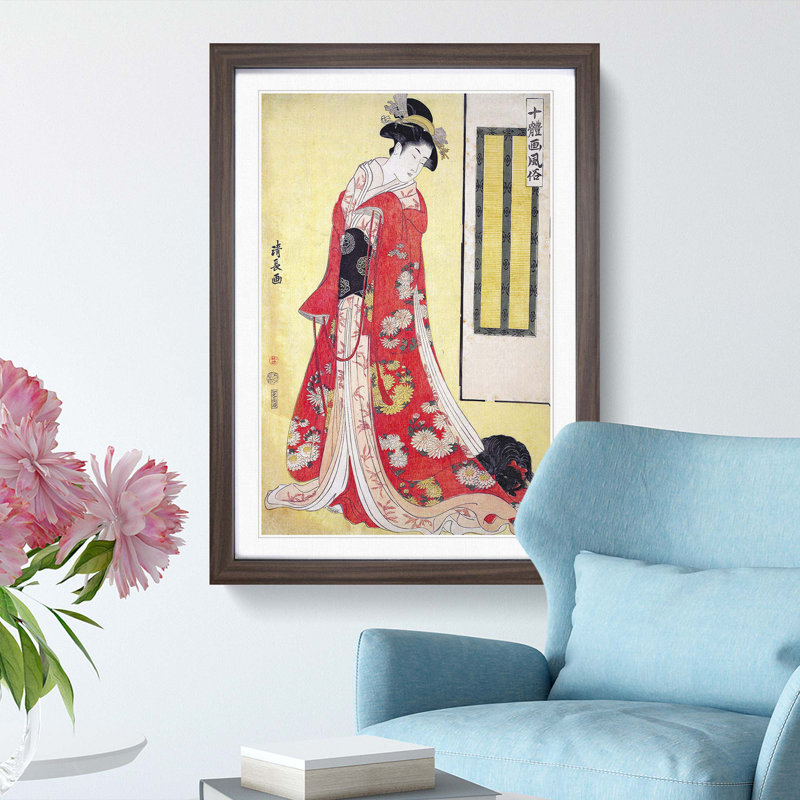 Young Woman with a Dog by Torii Kiyonaga - Picture Frame Art Print, 36cm H x 27cm W x 2cm D, Walnut Framed