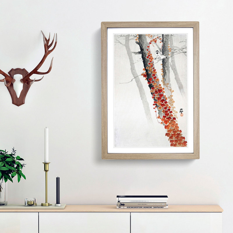 Birds & Red Ivy by Ohara Koson - Picture Frame Painting Print, 65cm H x 48cm W x 2cm D, Oak Framed