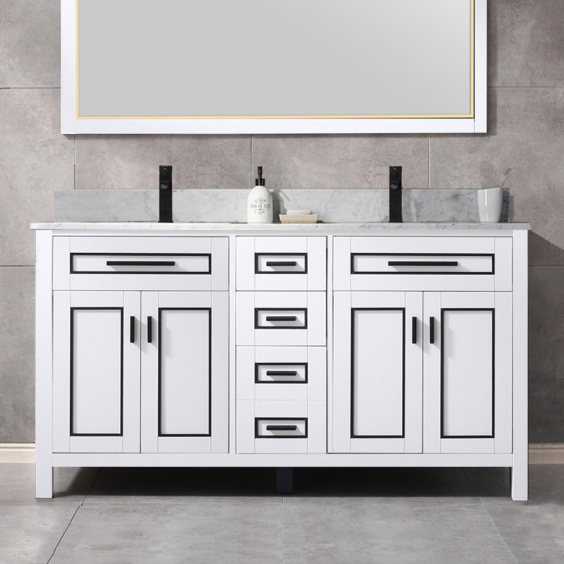 61" White and Black Trim Solid Wood Double Vanity with Carrara Marble Top