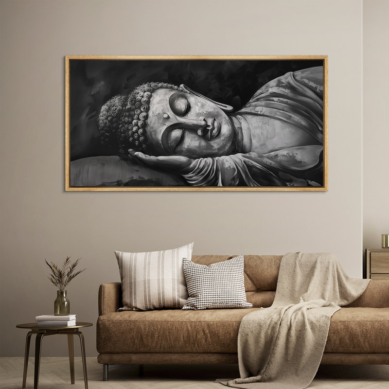 Bouddha endormi, art mural spirituel monochrome, H 30 po x l 60 po, Naturel