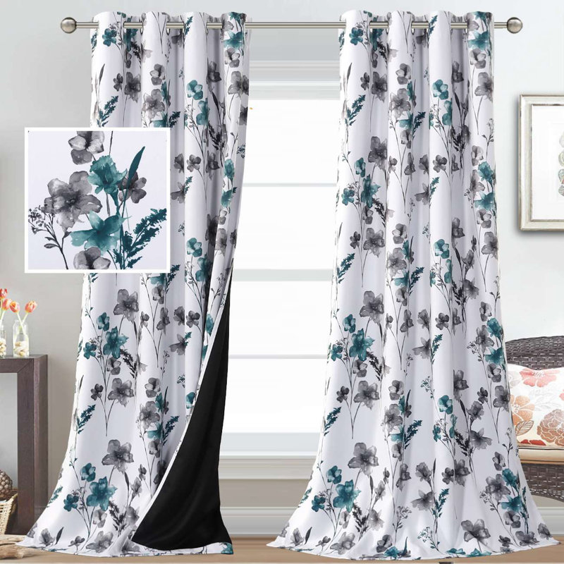 Rideau 100% occultant à motif floral Peshy, Gris / bleu sarcelle, L 84 po x l 52 po