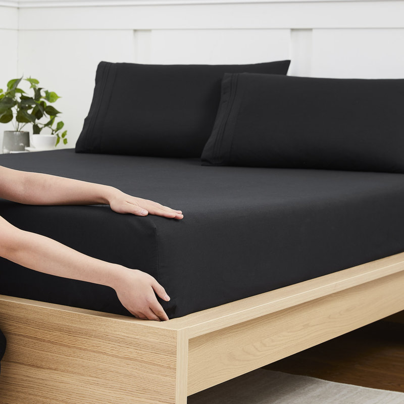 Brushed Microfiber Bottom Sheets with Built in Sheet Straps, Black, Queen Fitted Sheet
