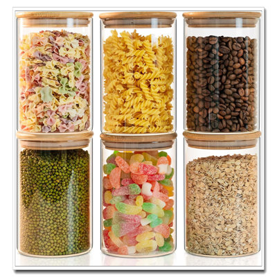 Paquet de 6 bocaux ronds en verre transparent 50 oz - Couvercles en bambou hermétiques, idéaux pour le thé / café / farine / sucre / bonbon / épices