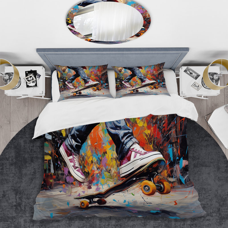 Ensemble de housse de couette Skateboard Street Fusion Bed, Housse de couette pour grand lit et 2 taies décor