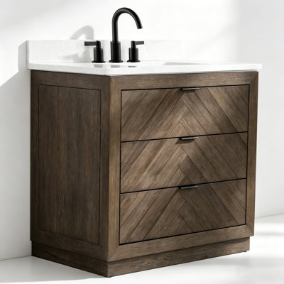 Meuble-lavabo autoportant de 91 cm (36 po) en bois massif avec un seul lavabo et un comptoir en marbre blanc reconstitué de 2,5 cm (1 po).