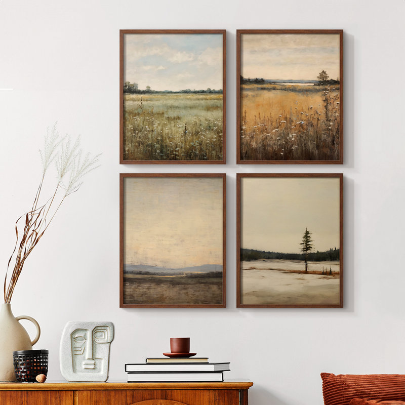 «Vintage Landscape XVIII», reproduction encadrée - ensemble de 4, H 14 po x l 44 po, Noyer