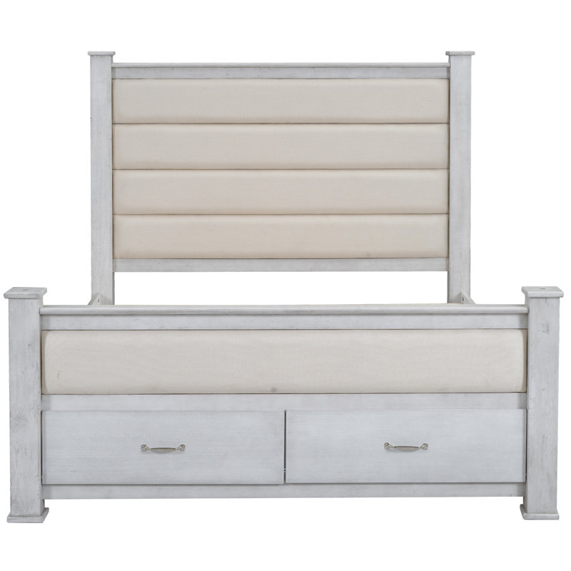 Lit plateforme en bois avec tête de lit, pied de lit et 2 tiroirs, Blanc antique