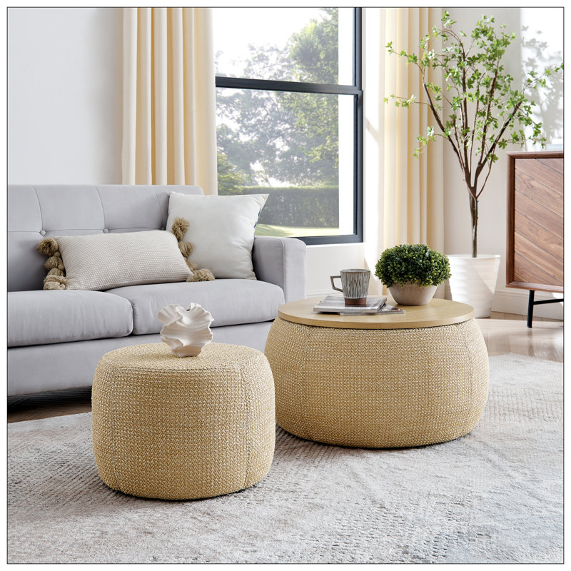 Upholstered Coffee Table With Ottoman, Natural, Natural