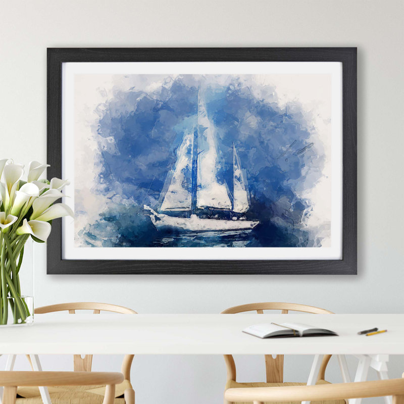 White Sailboat Paint Strokes - Framed Print, 62cm H x 87cm W x 2cm D, Black