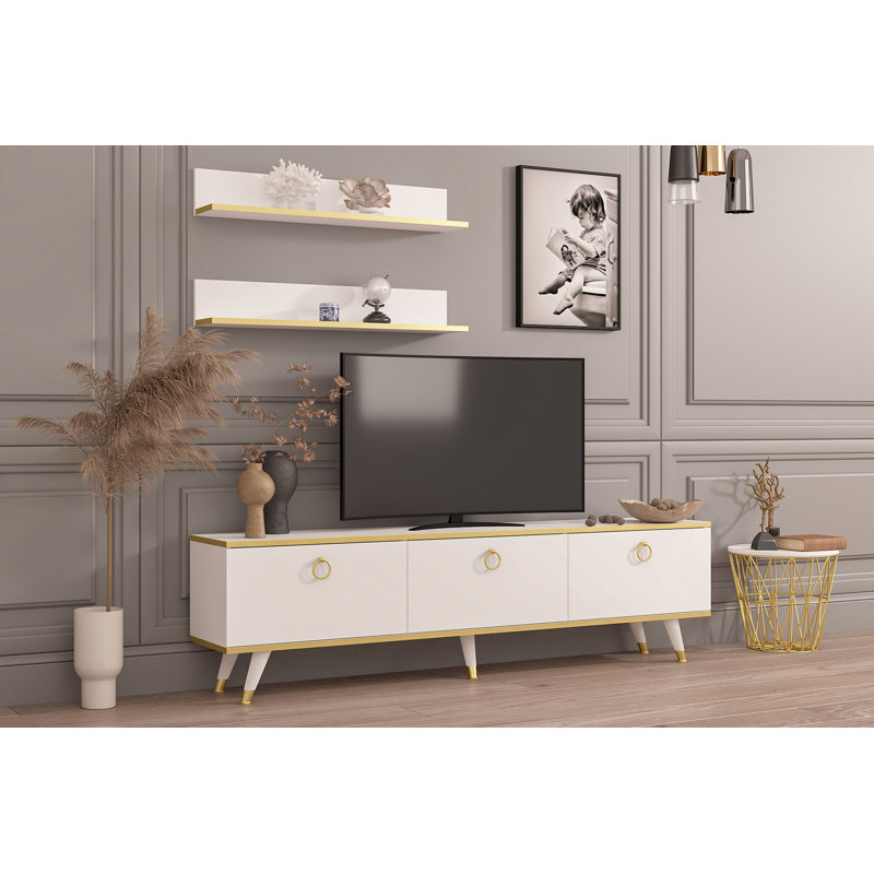 Tagen Unfinished TV Stand for TVs up to 60", White/Gold