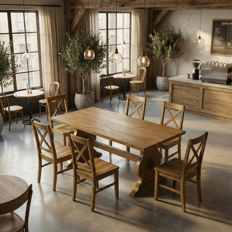 Almeda Traditional 70.8" Rectangular Dining Table Set, 7 Pieces: Table, 6 Chairs, Light Yellow Wood
