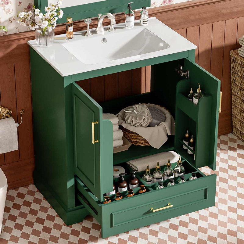 Meuble-lavabo autoportant de 30 po avec lavabo, armoire avec 1 tiroir séparateur et 2 portes à fermeture en douceur, Vert